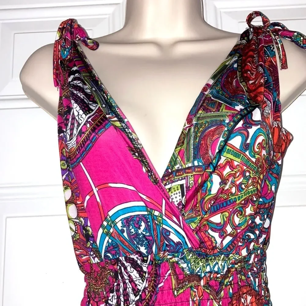 Floral Crossover Top Plunge Smock Waist Mini Dress Womens Small